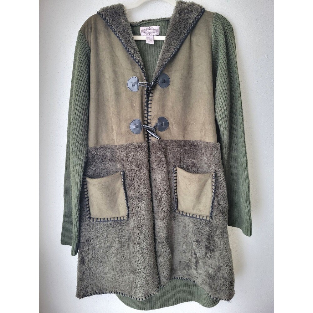 Oliver L Olive Green Faux Fur Sweater Coat Hooded Patchwork Boho Lagenlook